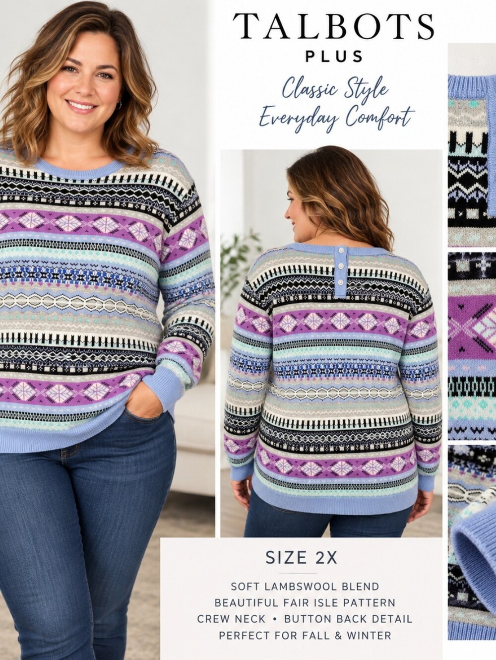 Talbots Plus 2X Fair Isle Lambswool Blend Sweater Multicolor Nordic Pullover